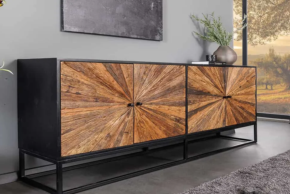 Massives Sideboard BARRACUDA 180cm braun Mangoholz mit Teakholz-Front schwarz Metall