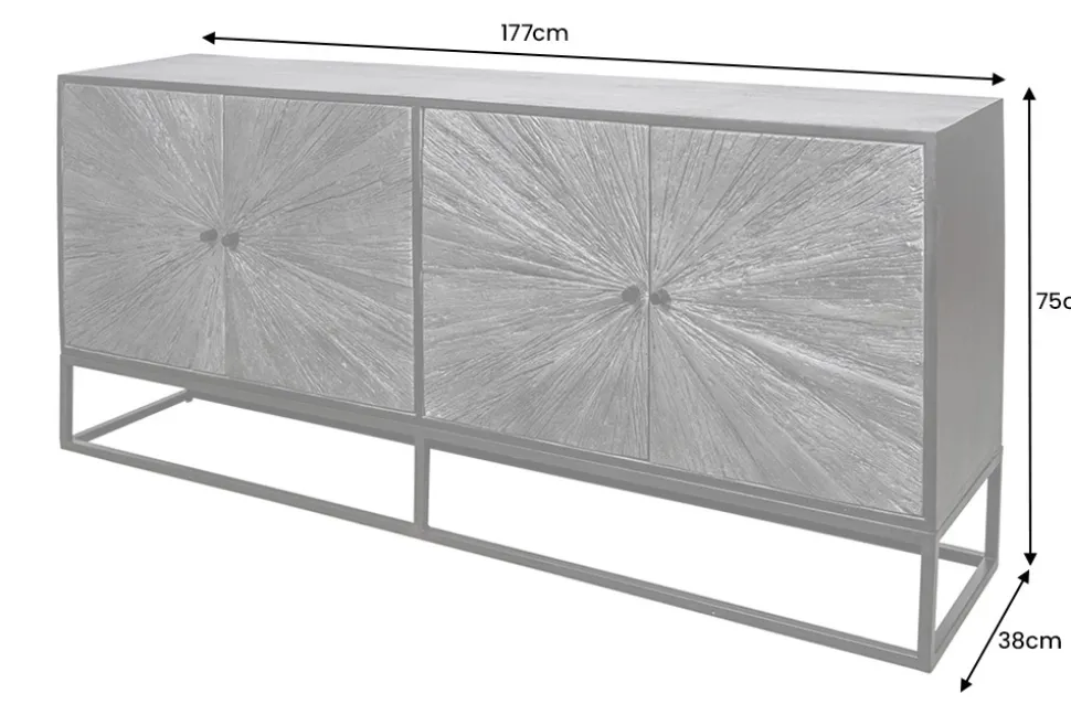 Massives Sideboard BARRACUDA 180cm braun Mangoholz mit Teakholz-Front schwarz Metall