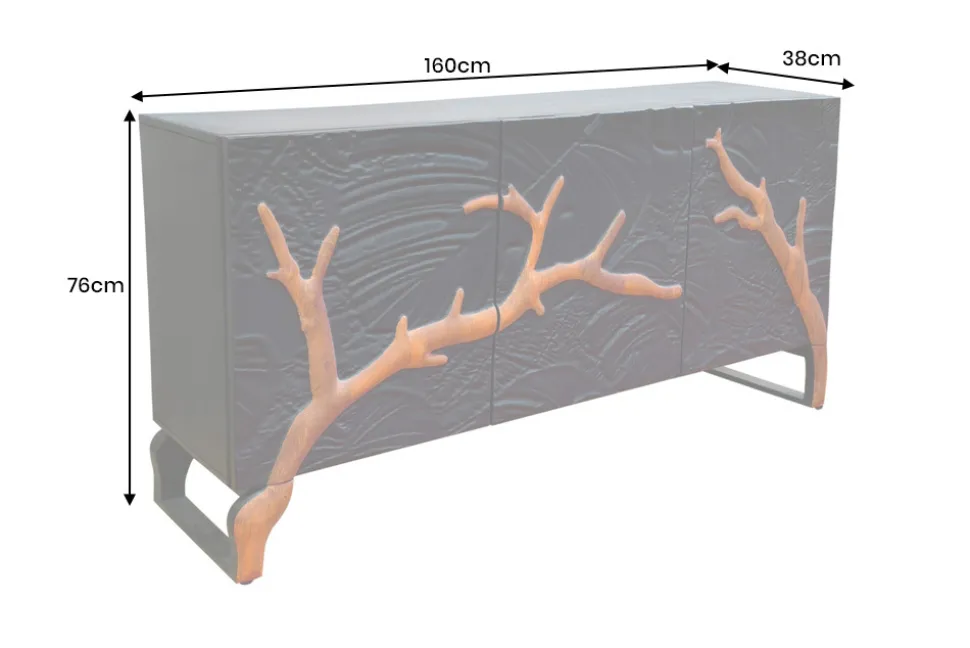 Massives Sideboard FOREST 160cm schwarz braun Mangoholz sechs Fächer 3D-Front