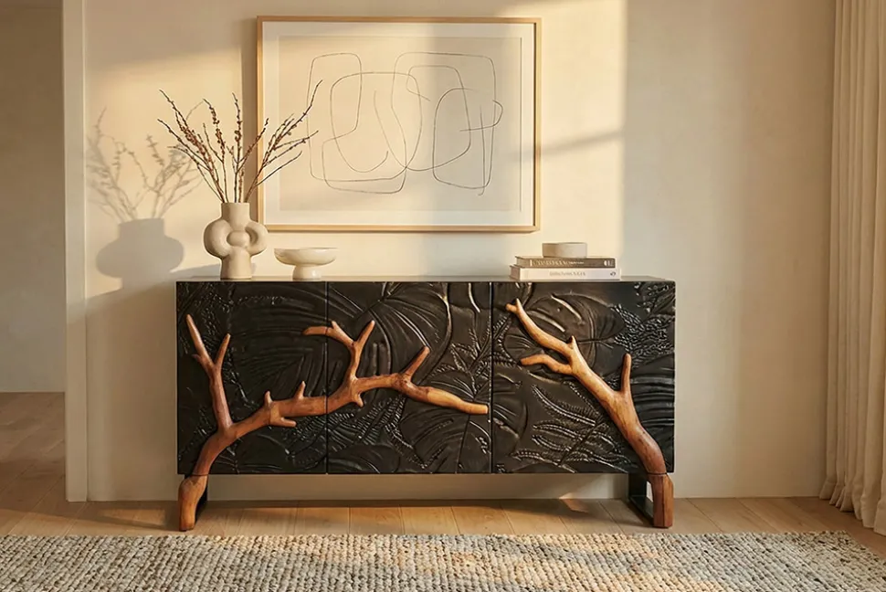 Massives Sideboard FOREST 160cm schwarz braun Mangoholz sechs Fächer 3D-Front