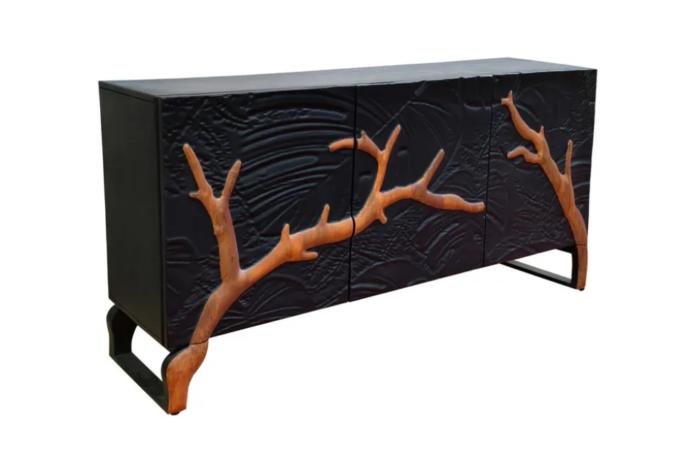 Massives Sideboard FOREST 160cm schwarz braun Mangoholz sechs Fächer 3D-Front