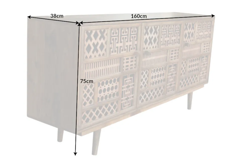Massives Sideboard MARRAKESCH 160cm Mangoholz mit Verzierung Boho Stil