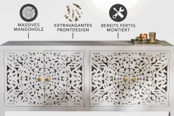 Massives Sideboard MARRAKESCH 170cm weiß Mangoholz mit Verzierung handmade