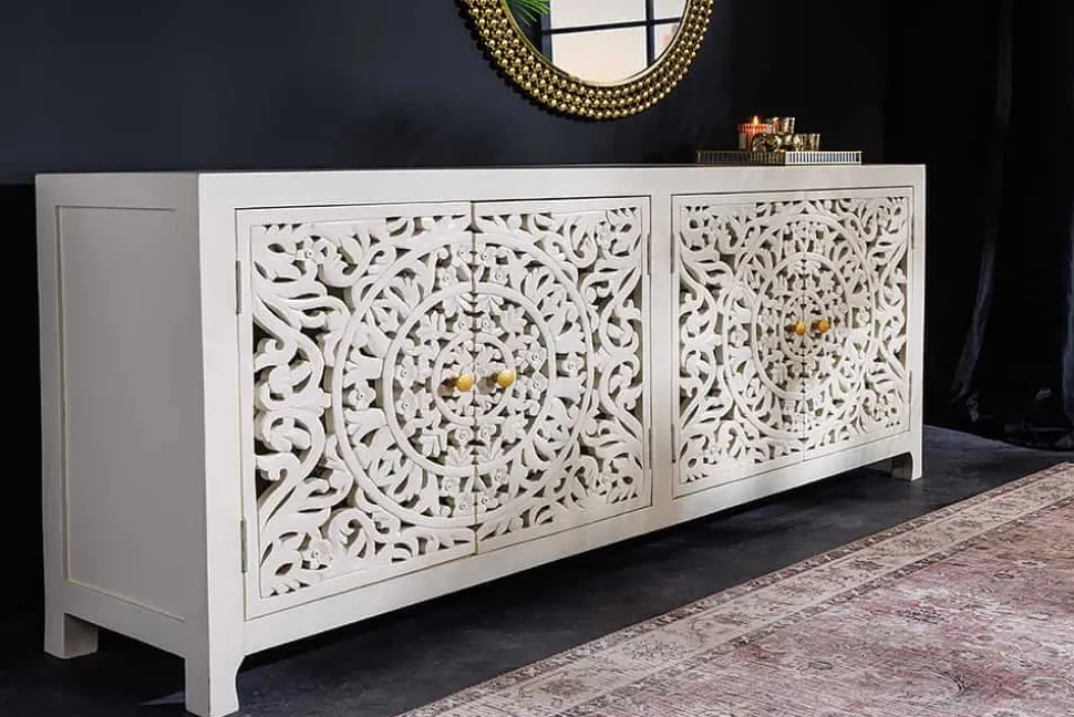 Massives Sideboard MARRAKESCH 170cm weiß Mangoholz mit Verzierung handmade