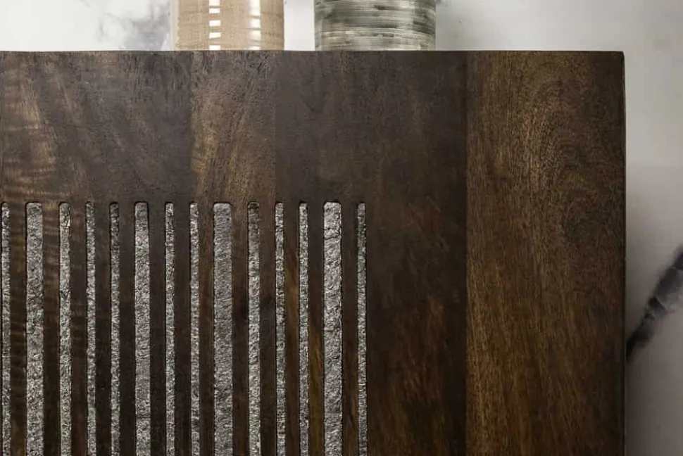 Massives Sideboard ONYX 180cm dunkelbraun Mangoholz Edelstein Achat gold Metallgestell