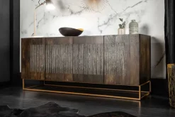 Massives Sideboard ONYX 180cm dunkelbraun Mangoholz Edelstein Achat gold Metallgestell