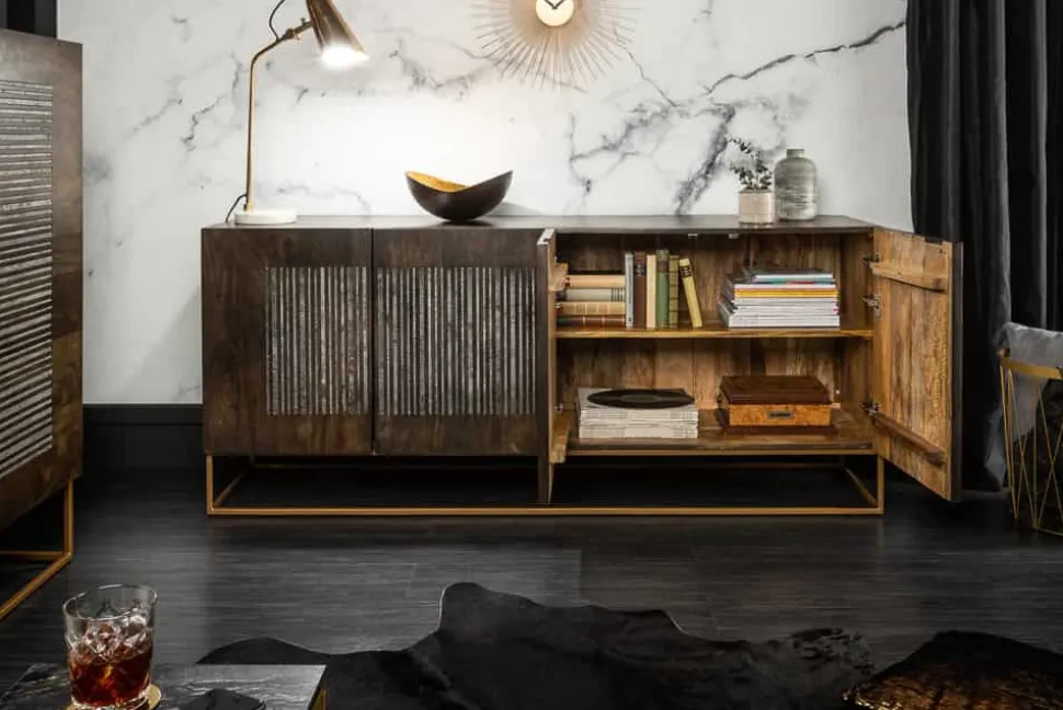 Massives Sideboard ONYX 180cm dunkelbraun Mangoholz Edelstein Achat gold Metallgestell
