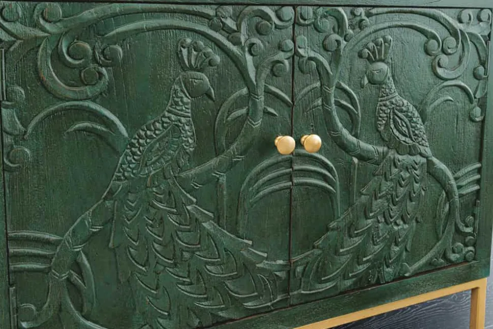 Massives Sideboard PEACOCK 175cm grün Mangoholz antik 3D Schnitzerei Pfau-Design