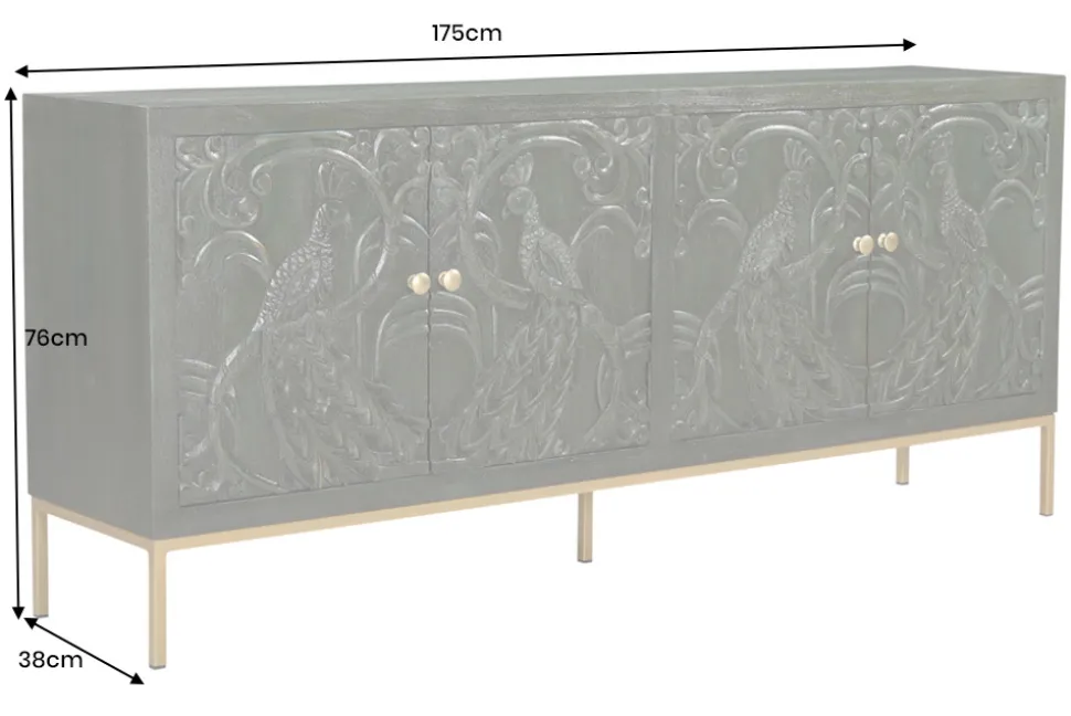 Massives Sideboard PEACOCK 175cm grün Mangoholz antik 3D Schnitzerei Pfau-Design