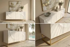 Massives Sideboard SCORPION 180cm weiß Mangoholz gold Metall 3D-Schnitzereien