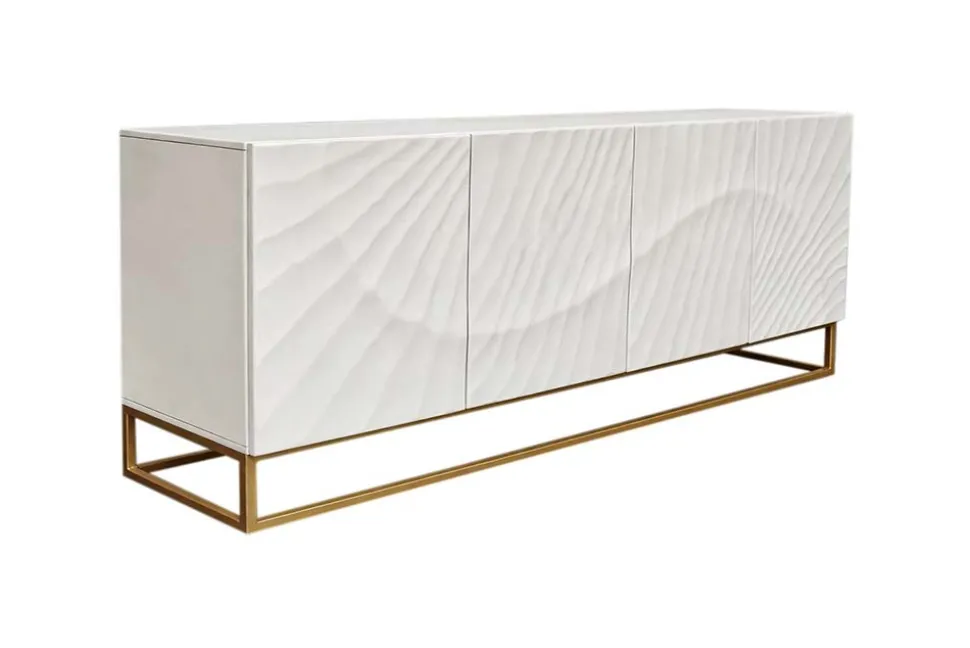 Massives Sideboard SCORPION 180cm weiß Mangoholz gold Metall 3D-Schnitzereien