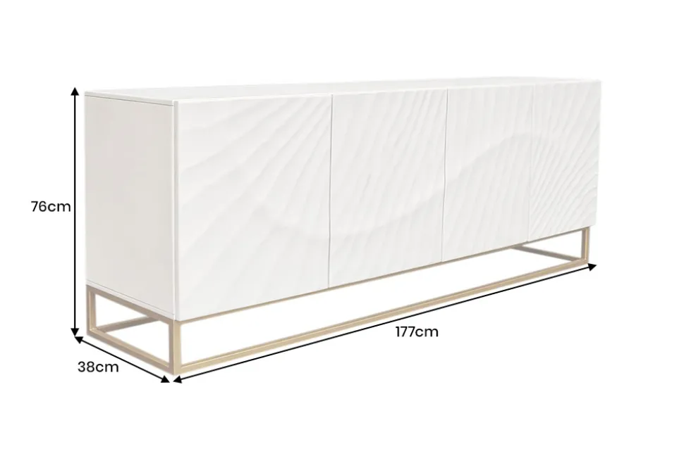 Massives Sideboard SCORPION 180cm weiß Mangoholz gold Metall 3D-Schnitzereien