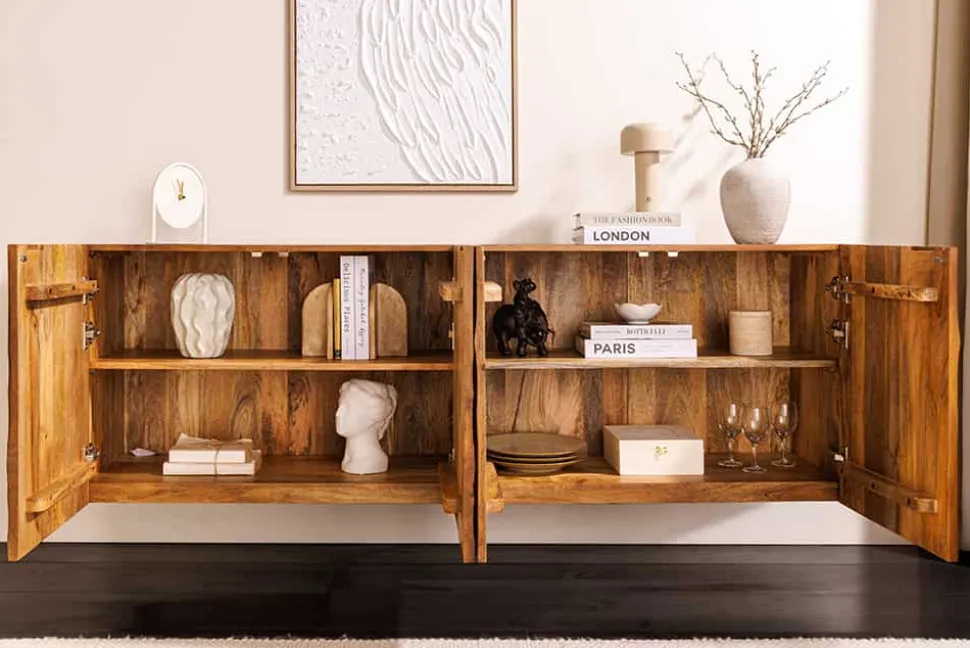Massives Sideboard SCORPION 180cm braun hängend Mangoholz mit 3D Schnitzereien
