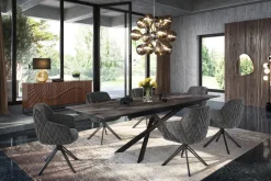 Massives Sideboard SCORPION 180cm dunkelbraun Akazie mit 3D Schnitzereien schwarz Metall