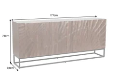 Massives Sideboard SCORPION 180cm dunkelbraun Akazie mit 3D Schnitzereien schwarz Metall