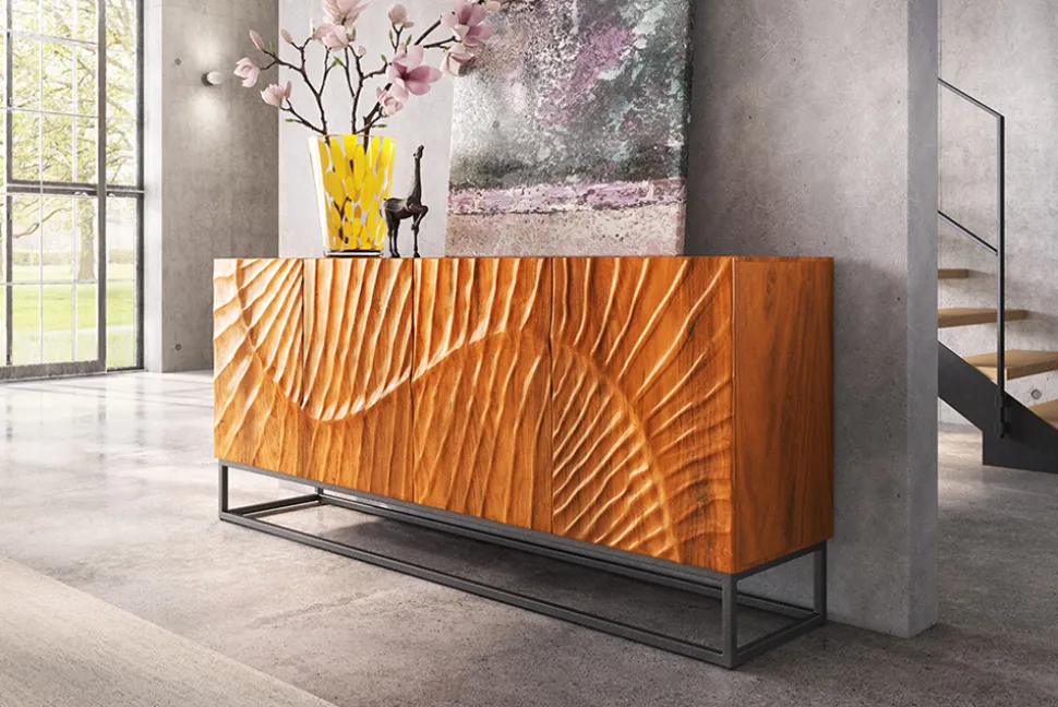 Massives Sideboard SCORPION 180cm braun Mangoholz aufwendige 3D Schnitzereien