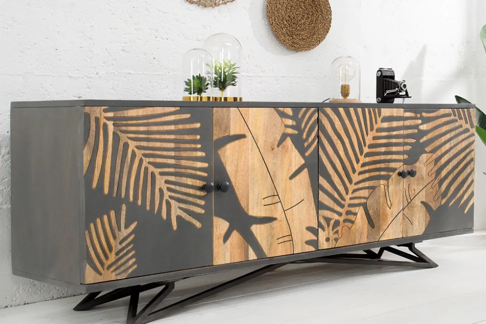 Massives Sideboard TROPICAL 160cm grau Mangoholz florales Design Boho Metallgestell