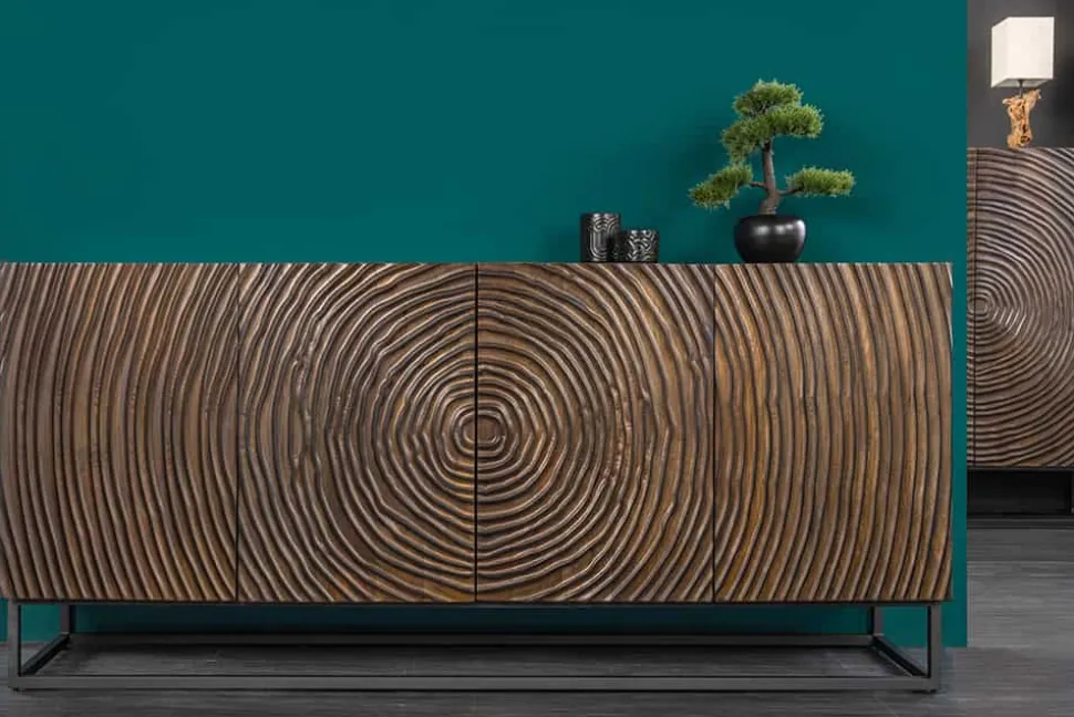Massives Sideboard ZEN CIRCLES 180cm dunkelbraun Mangoholz 3D-Design