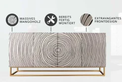 Massives Sideboard ZEN CIRCLES 180cm weiß schwarz gold Mangoholz 3D-Design