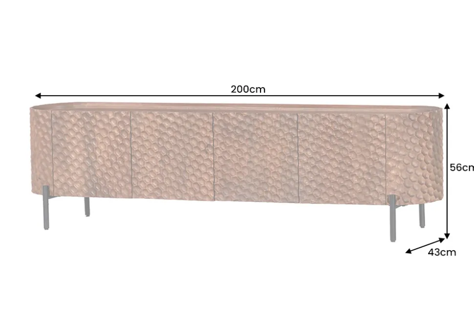 Massives TV-Board ADLON 200cm braun Mangoholz schwarz Metall Lowboard mit 3D- Front