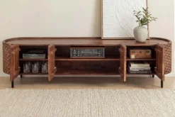 Massives TV-Board ADLON 200cm braun Mangoholz schwarz Metall Lowboard mit 3D- Front