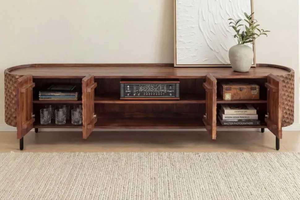 Massives TV-Board ADLON 200cm braun Mangoholz schwarz Metall Lowboard mit 3D- Front
