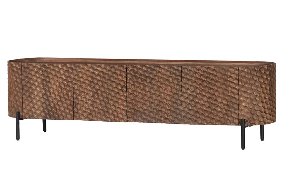 Massives TV-Board ADLON 200cm braun Mangoholz schwarz Metall Lowboard mit 3D- Front