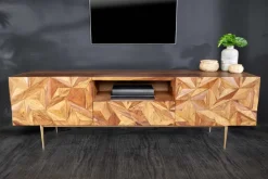 Massives TV-Board ALPINE 160cm braun Sheesham stone finish Metall matt gold