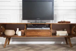 Massives TV-Board MYSTIC LIVING 140cm braun Sheesham Massivholz stone finish 3D -Front