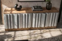 Massives TV-Board ZALVERO 150cm natur silber Mangoholz mit Metall-Aluminium Front