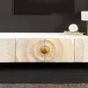 Massives TV-Lowboard GOLDEN SUNSET 180cm weiß gold Mangoholz 3D Schnitzereien Metallfüße