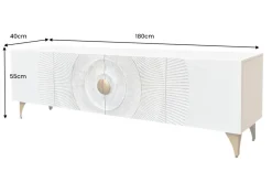 Massives TV-Lowboard GOLDEN SUNSET 180cm weiß gold Mangoholz 3D Schnitzereien Metallfüße