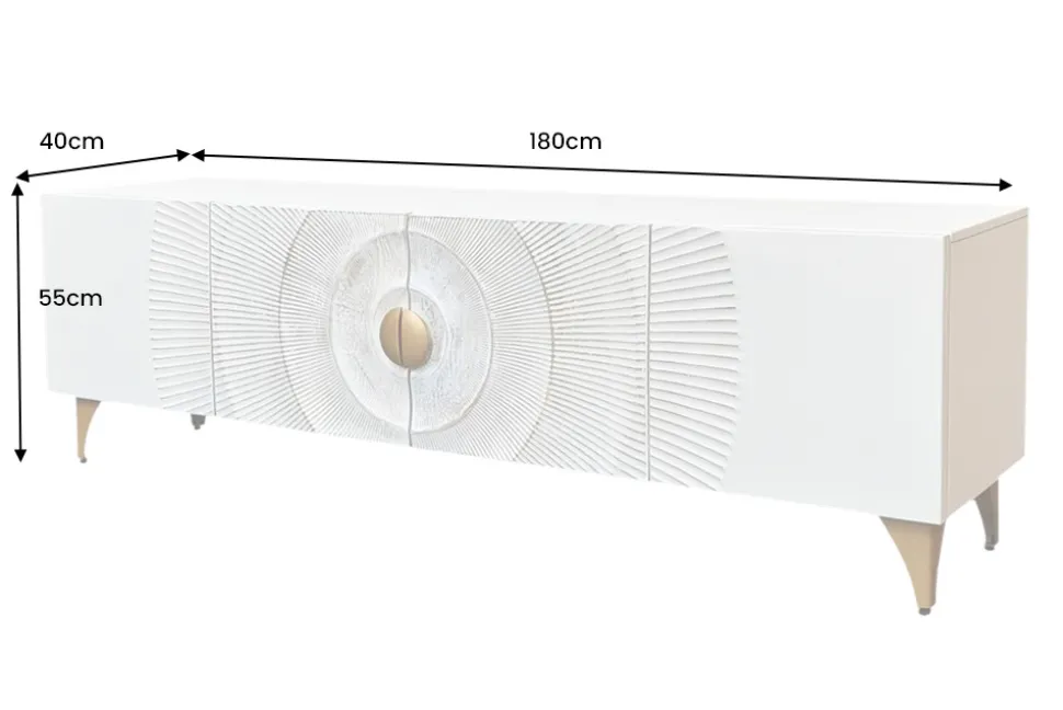 Massives TV-Lowboard GOLDEN SUNSET 180cm weiß gold Mangoholz 3D Schnitzereien Metallfüße