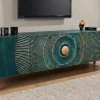 Massives TV-Lowboard GOLDEN SUNSET 180cm türkis 3D-Schnitzereien gold Mangoholz Metall