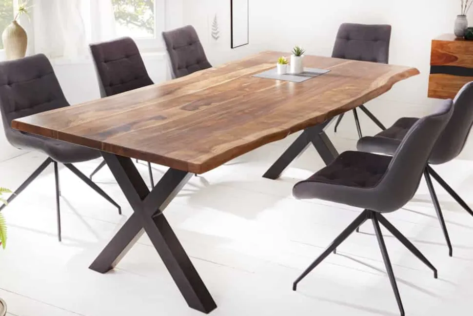 Massivholz Baumkanten Esstisch AMAZONAS 200cm braun Sheesham schwarzes Metallgestell
