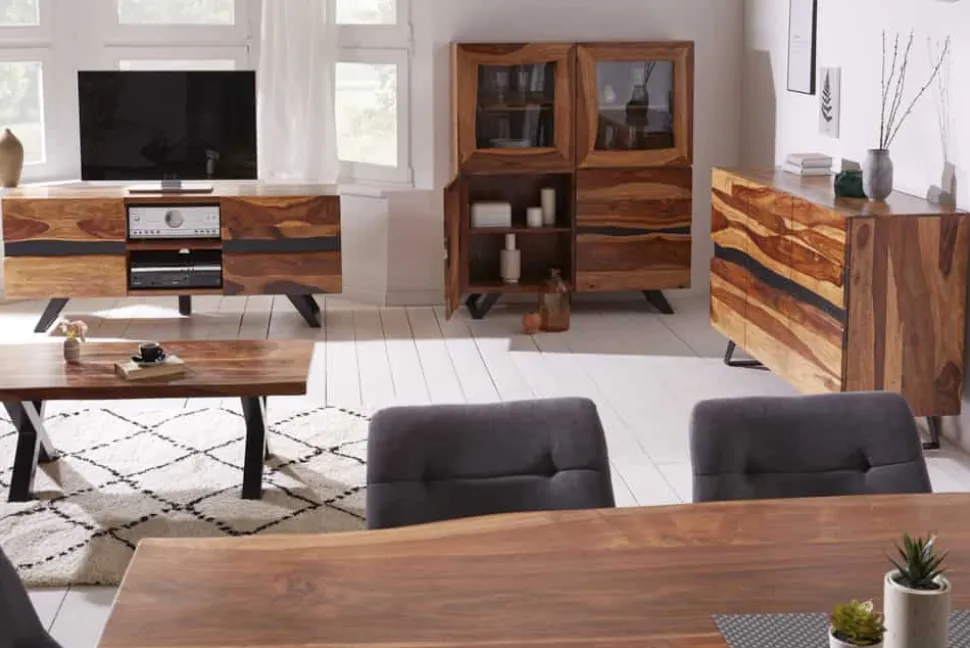 Massivholz Baumkanten Esstisch AMAZONAS 200cm braun Sheesham schwarzes Metallgestell