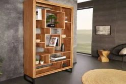 Massivholz Bücherregal CUBUS 190cm Akazie honey finish Metallfüße schwarz Standregal