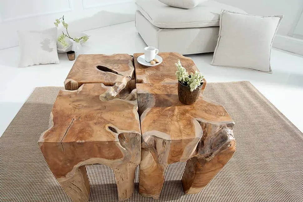 Massivholz Beistelltisch MOLAR 30cm Hocker Teak Block aus einem Stück gefertigt