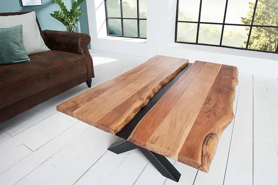 Massivholz Couchtisch AMAZONAS 105cm Akazie schwarzes Metall X-Gestell Baumkante Live Edge