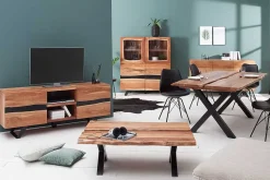 Massivholz Couchtisch AMAZONAS 105cm Akazie schwarzes Metall X-Gestell Baumkante Live Edge