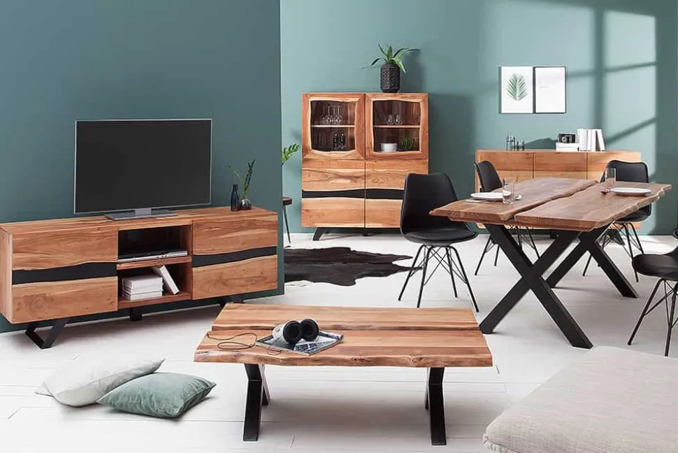 Massivholz Couchtisch AMAZONAS 105cm Akazie schwarzes Metall X-Gestell Baumkante Live Edge