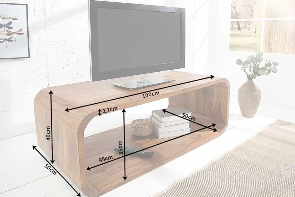 Massivholz Couchtisch CUBUS 100cm braun Sheesham stone finish TV-Board Retro Design