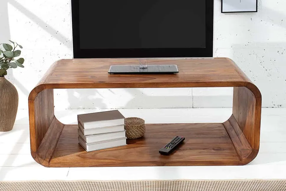 Massivholz Couchtisch CUBUS 100cm braun Sheesham stone finish TV-Board Retro Design