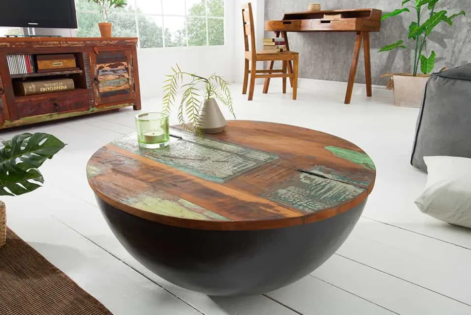 Massivholz Couchtisch JAKARTA 70cm grau rund aus recycelten Fischerbooten