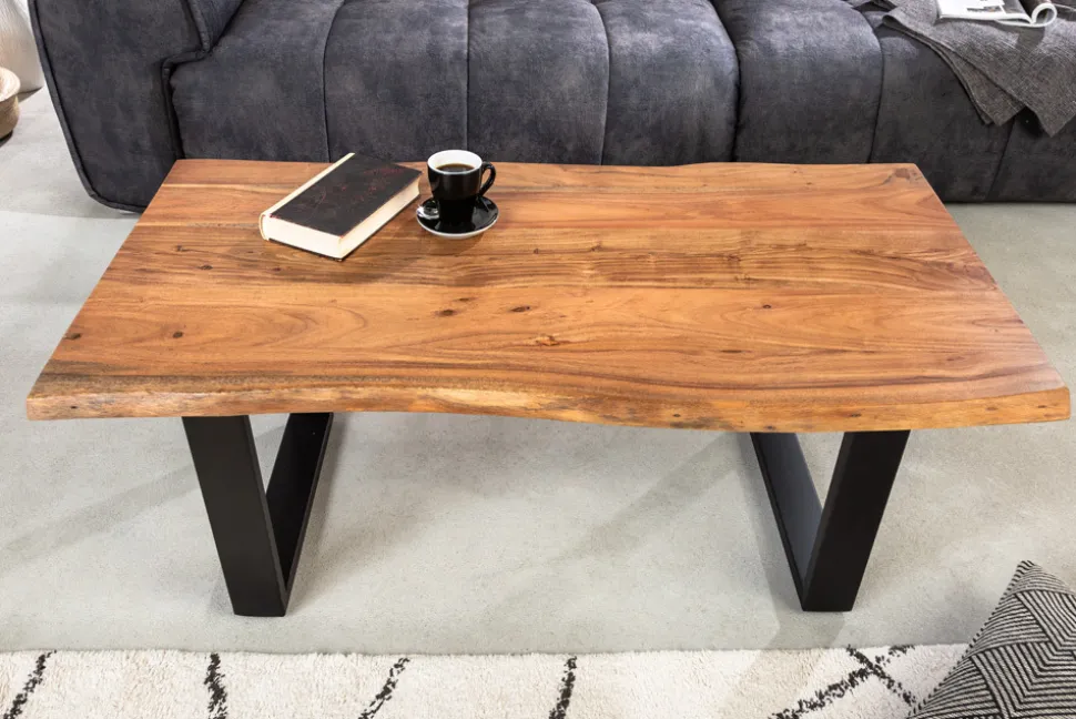 Massivholz Couchtisch MAMMUT 120cm Akazie natur V-Gestell schwarz 2,5cm Tischplatte