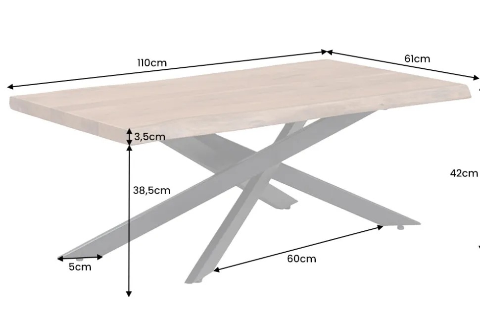 Massivholz Couchtisch MAMMUT 110cm Akazie schwarz 3,5cm Tischplatte Baumkante