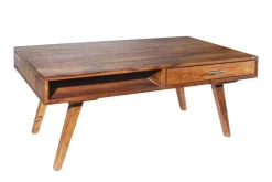 Massivholz Couchtisch RETRO 100cm braun Sheesham stone finish Schubladen handmade