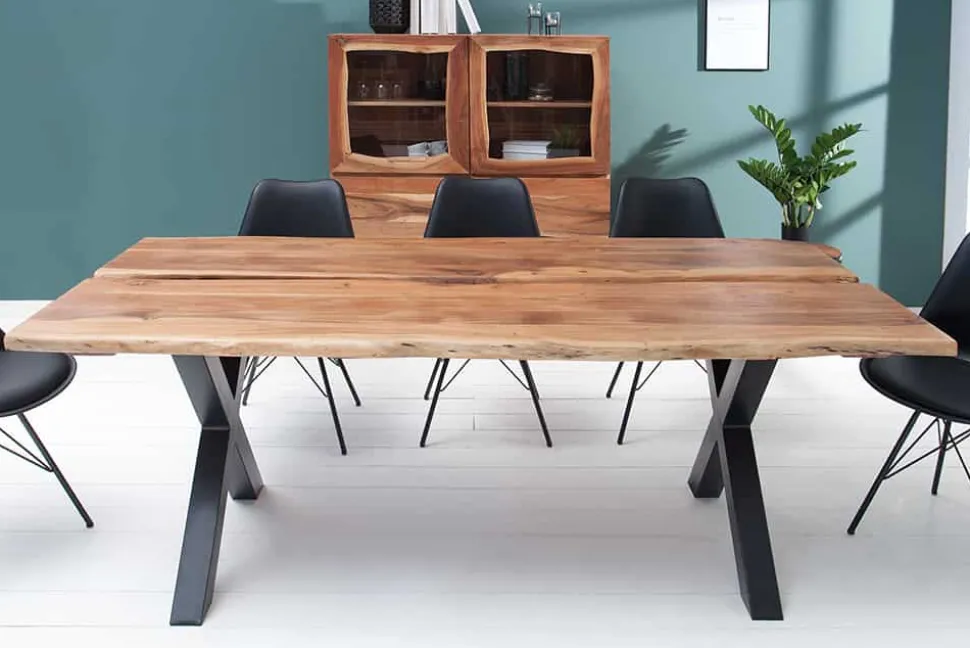 Massivholz Esstisch AMAZONAS 200cm natur Akazie Metall X-Gestell schwarz Baumkante