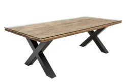 Massivholz Esstisch BARRACUDA 220cm natur Teak schwarz Metall X-Gestell inkl. Glasplatte