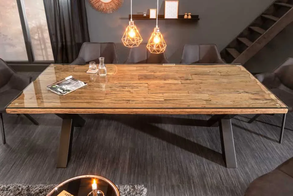 Massivholz Esstisch BARRACUDA 220cm natur Teak schwarz Metall X-Gestell inkl. Glasplatte